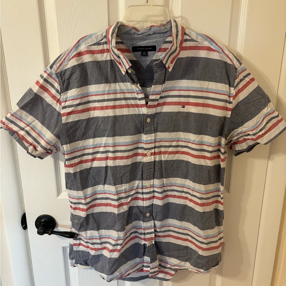 Tommy Hilfiger Men's Casual Striped Shirt - Navy, Red, White XL